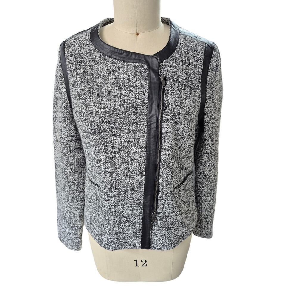 DKNY JEANS Viscos/Wool Blend Sweater Jacket Satin Lined Faux Leather Trim SzXL